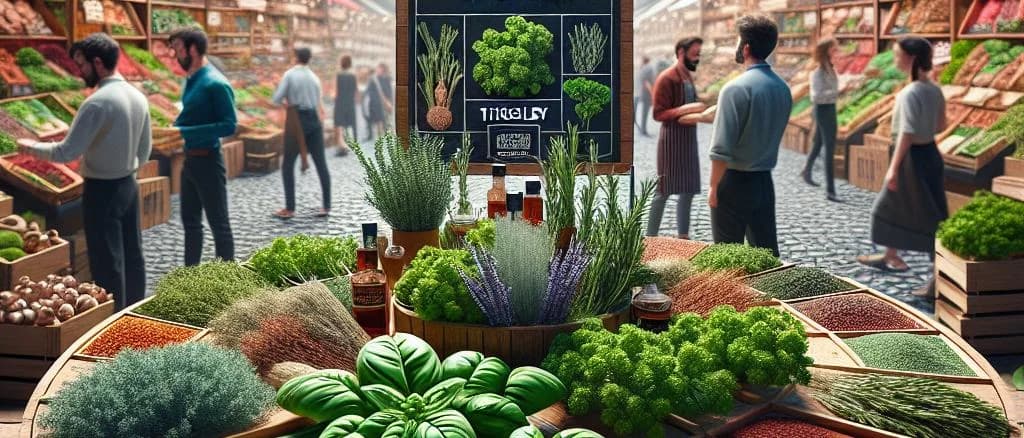 Various herbs in sustainable packaging against a natural wooden background