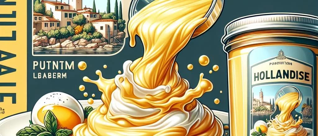 Three variations of Hollandaise Sauce bottles with elegant packaging on a wooden kitchen counter