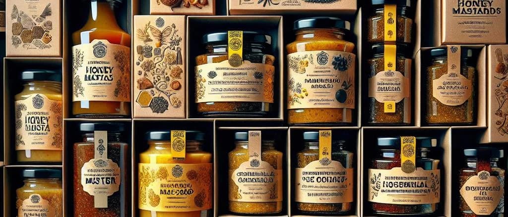 Various bottles and jars of honey mustard with different labels and packaging