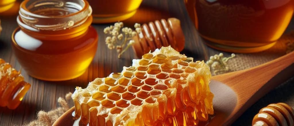 various honey jars with custom labels and natural backgrounds