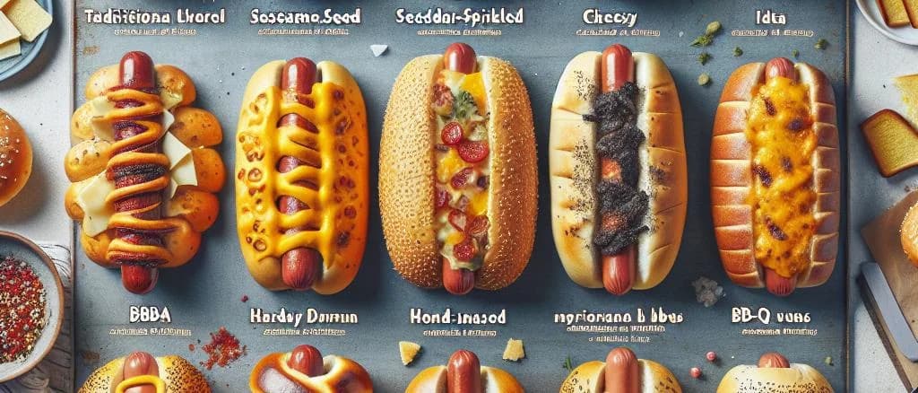 assorted hot dog buns with different packaging on wooden table