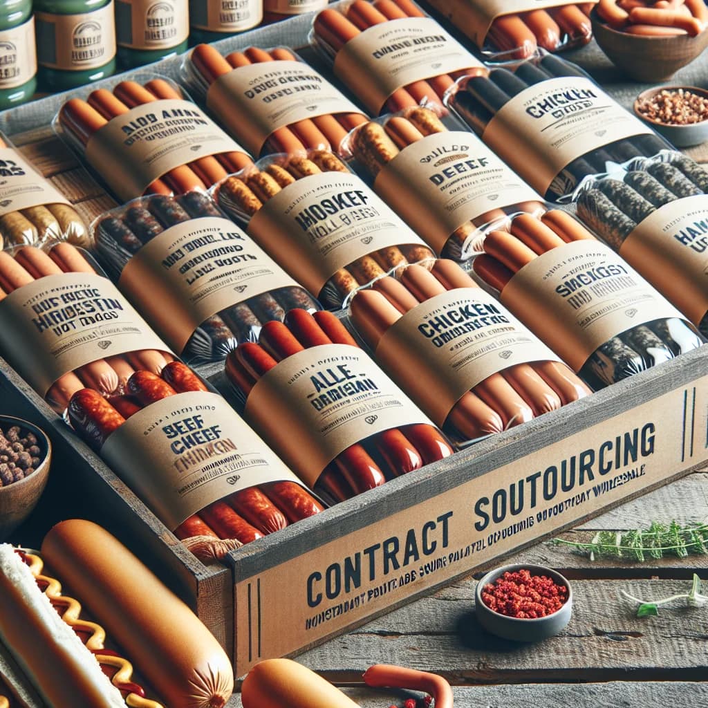 Assorted hot dog varieties with premium packaging on a wooden surface, featuring different flavors and bulk options