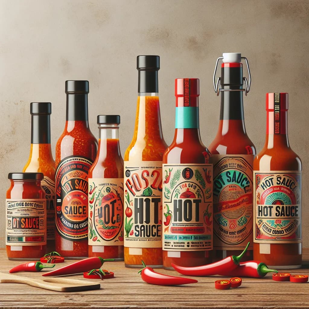 spicy-hot-sauce-bottles-with-varied-packaging-and-label-designs-on-a-countertop
