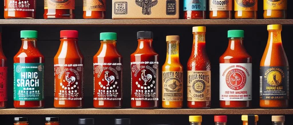 Assorted hot sauce bottles with vibrant labels on a wooden background