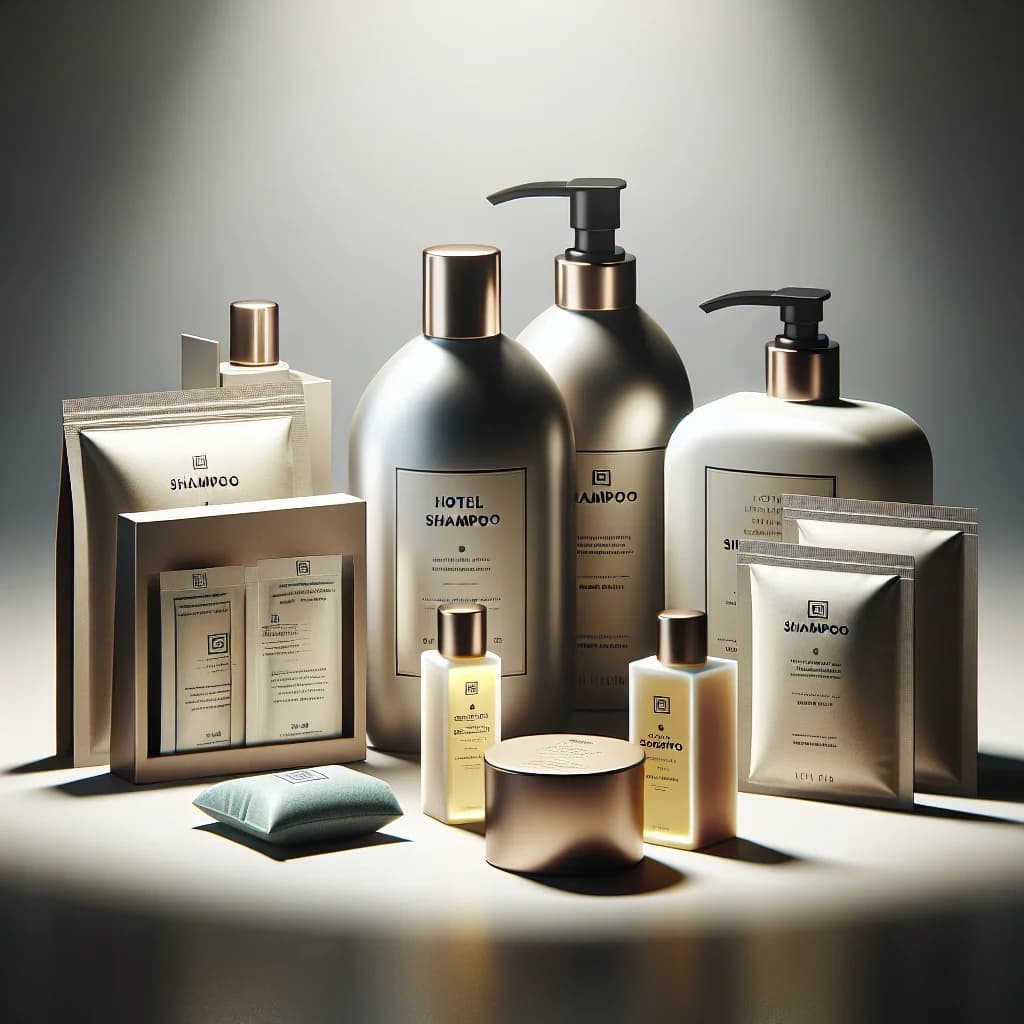 sleek hotel shampoo packaging in varying sizes with a modern background
