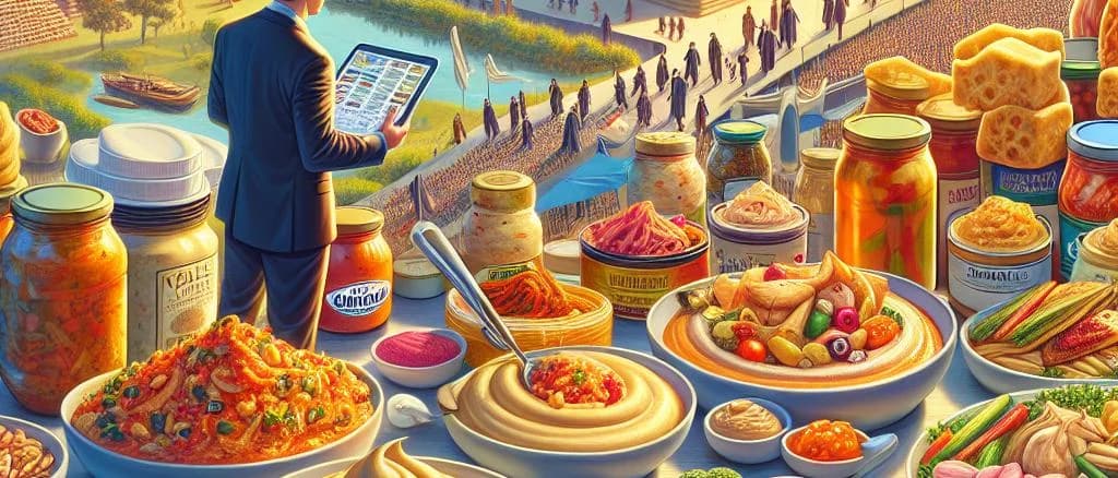 Hummus Kimchi variations on a wooden surface with vibrant packaging