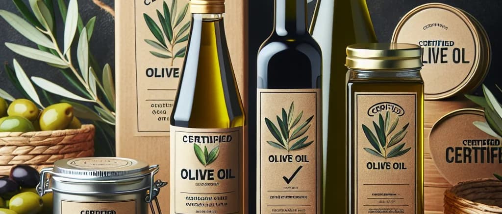 Three variations of IFS-certified olive oil bottles on a rustic wooden background with olives and olive leaves.