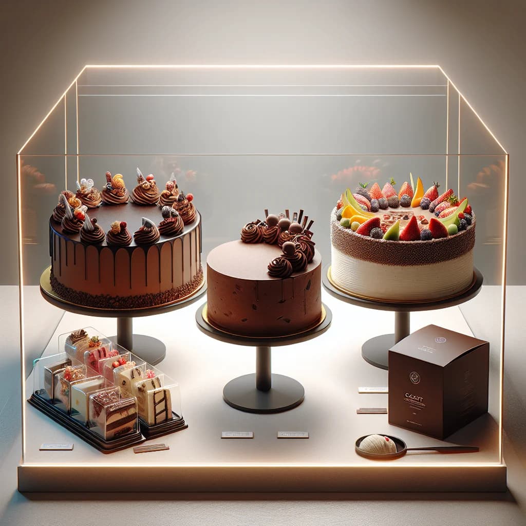 assorted ice cream cakes in various designs and packaging options on a neutral background