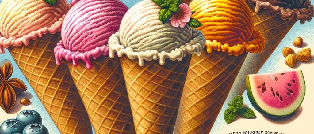assorted ice cream cones with different flavors and toppings on a colorful background