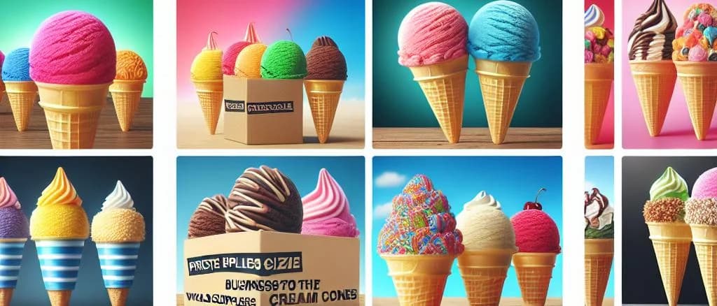 assorted ice cream cones on a colorful backdrop showcasing various styles and flavors