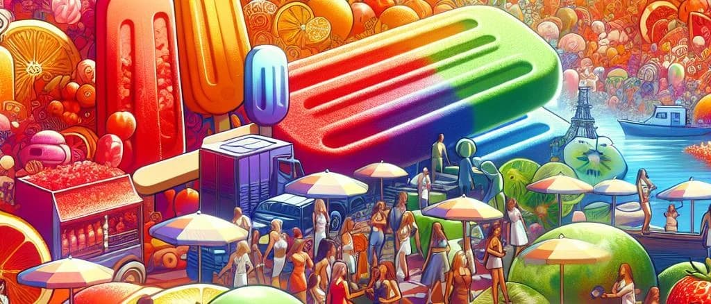 colorful ice pops on a wooden table with tropical fruits