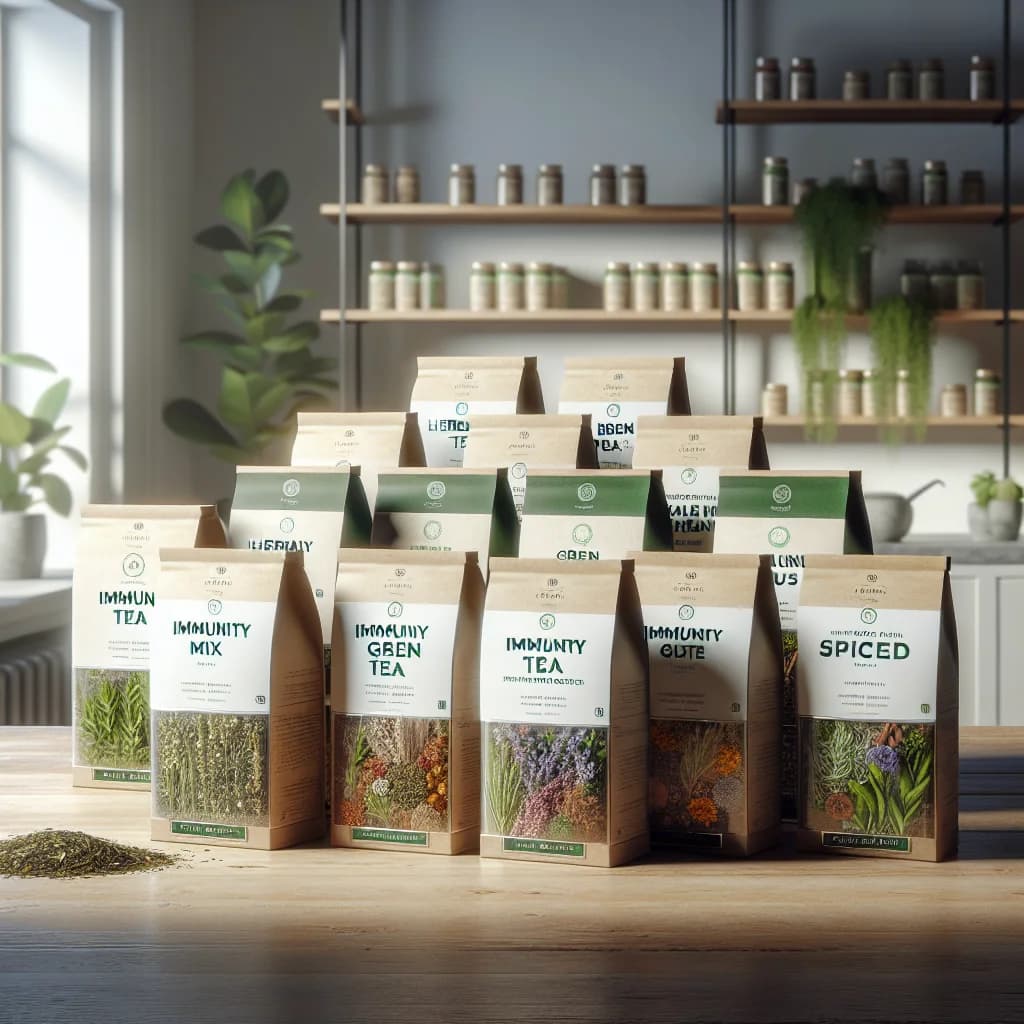 variety of immunity teas with natural ingredients in eco-friendly packaging on a wooden countertop