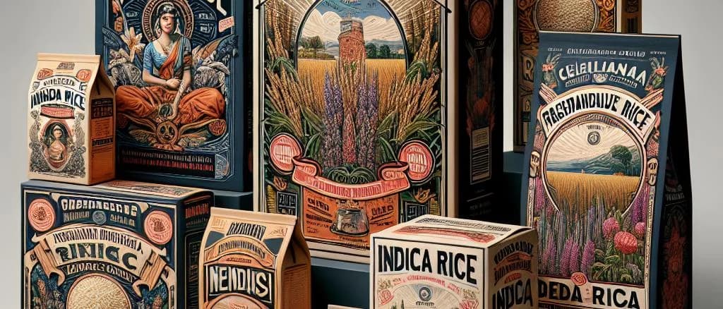varieties of Indica Rice on display with plain and eco-friendly packaging
