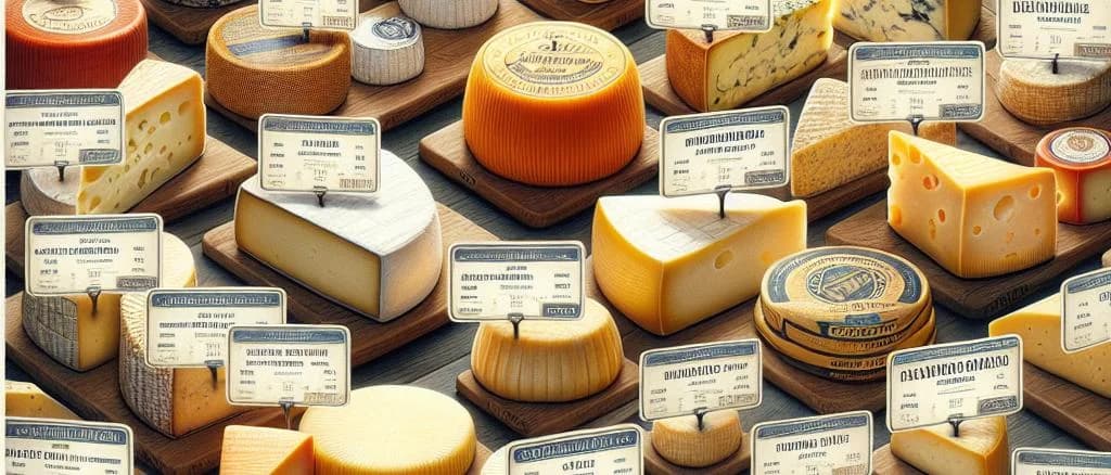 Assorted industrial cheese varieties with customized packaging on wooden display