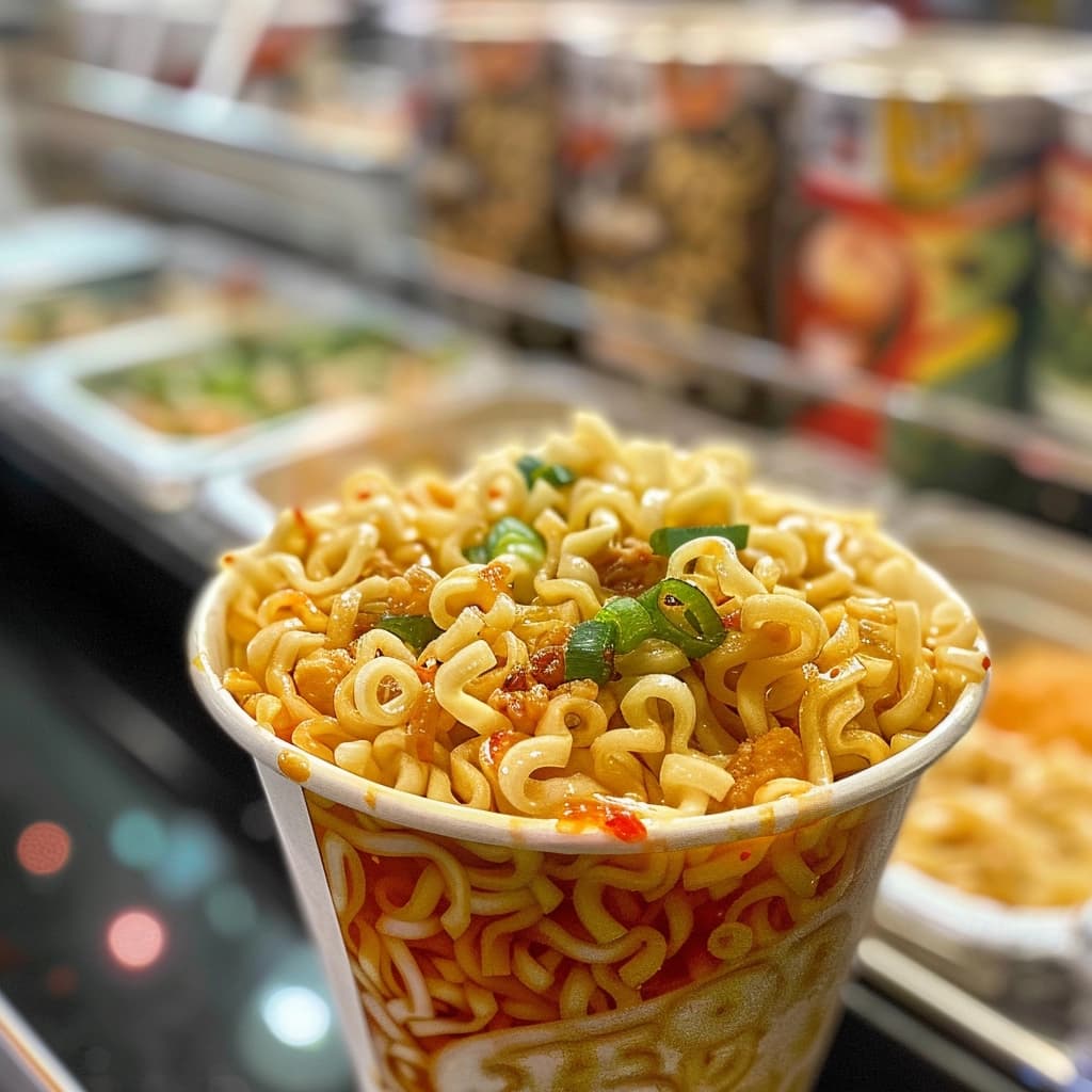 Various instant noodle packaging with vibrant backgrounds