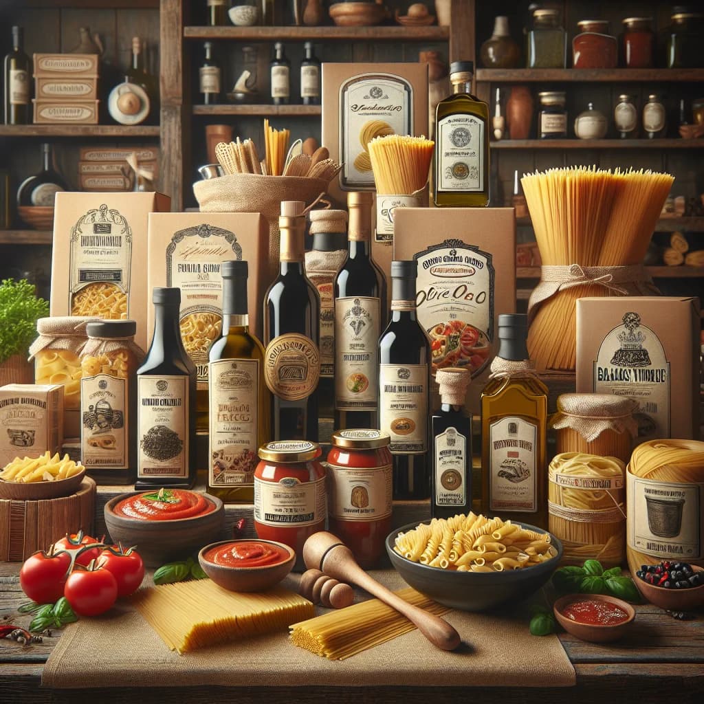 assortment of Italian food products in bulk packaging with rustic background