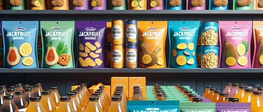 Varieties of packaged jackfruit products with rustic background