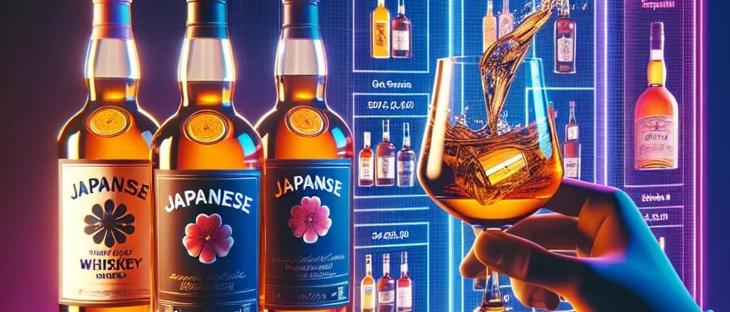 Assorted Japanese whiskey bottles in an elegant display with traditional labels