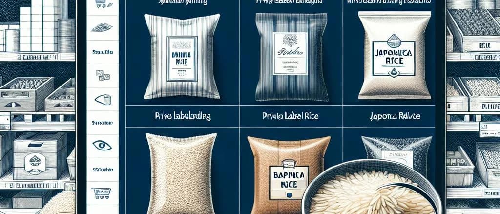 Japonica Rice varieties with custom packaging options on a wooden background