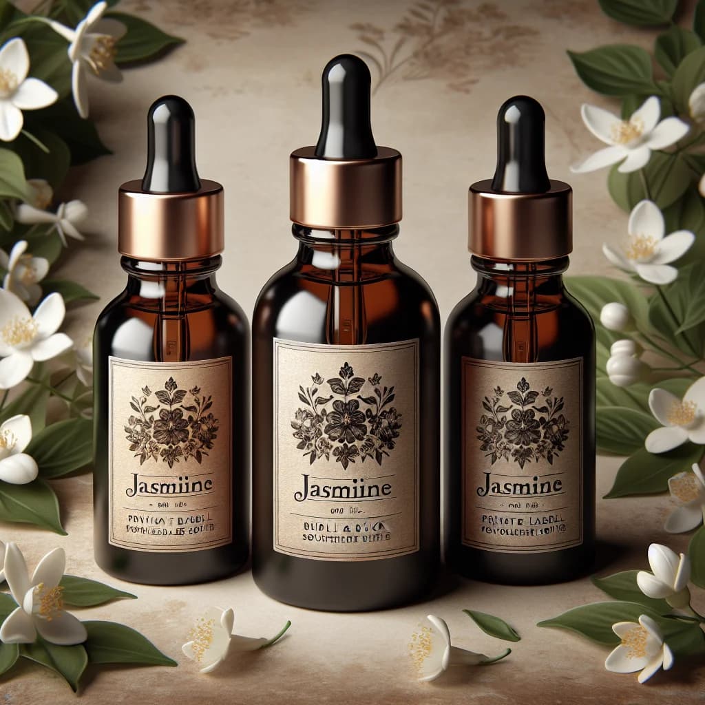 vibrant jasmine oil bottles in premium packaging with floral motifs
