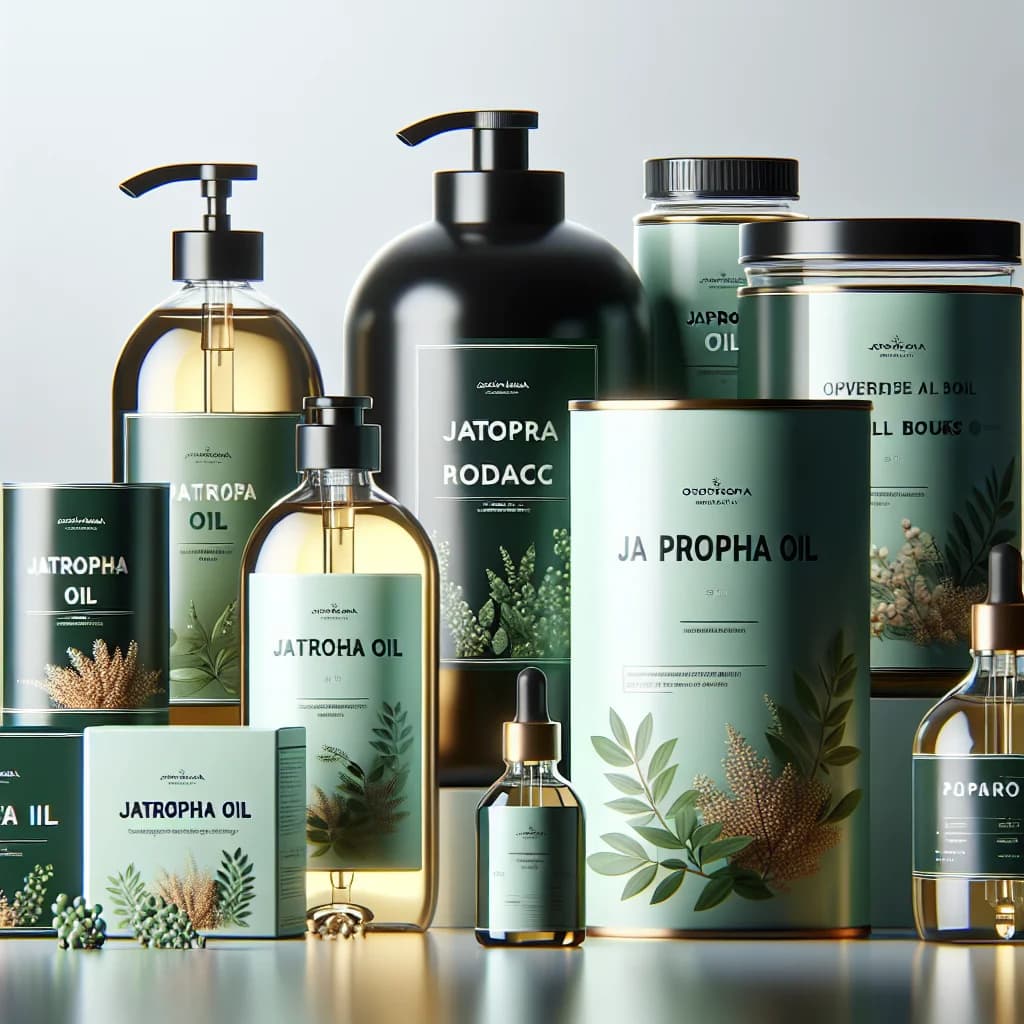 Jatropha Oil bottles in various packaging sizes, displayed against a natural setting background, ideal for B2B buyers and procurement needs.