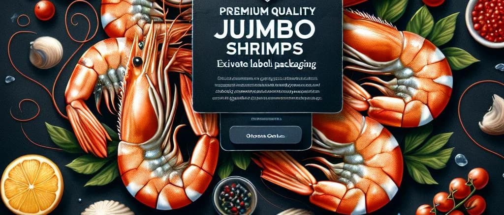 Assorted jumbo shrimp varieties on ice with different packaging designs
