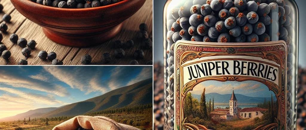 Assorted juniper berries in various packaging against rustic background