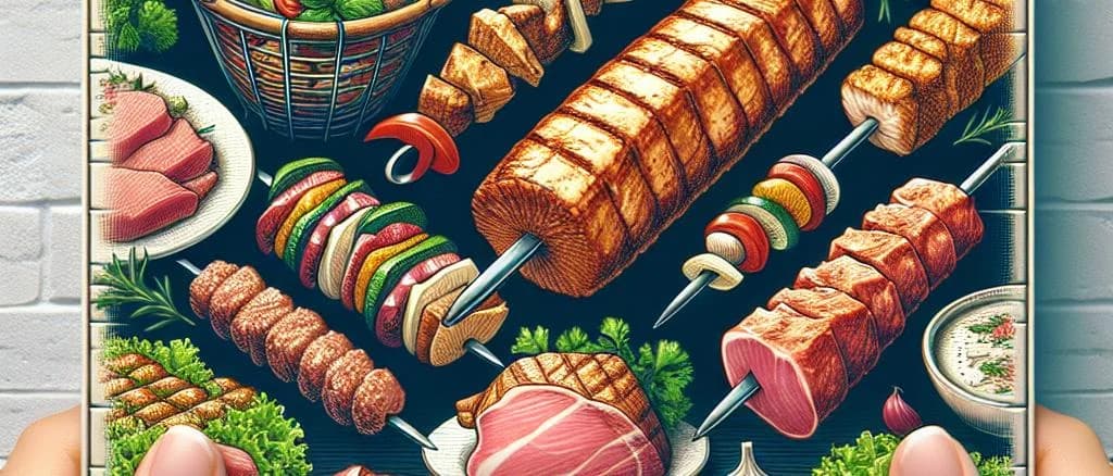 Assorted kebab variations with different packaging options on a wooden table