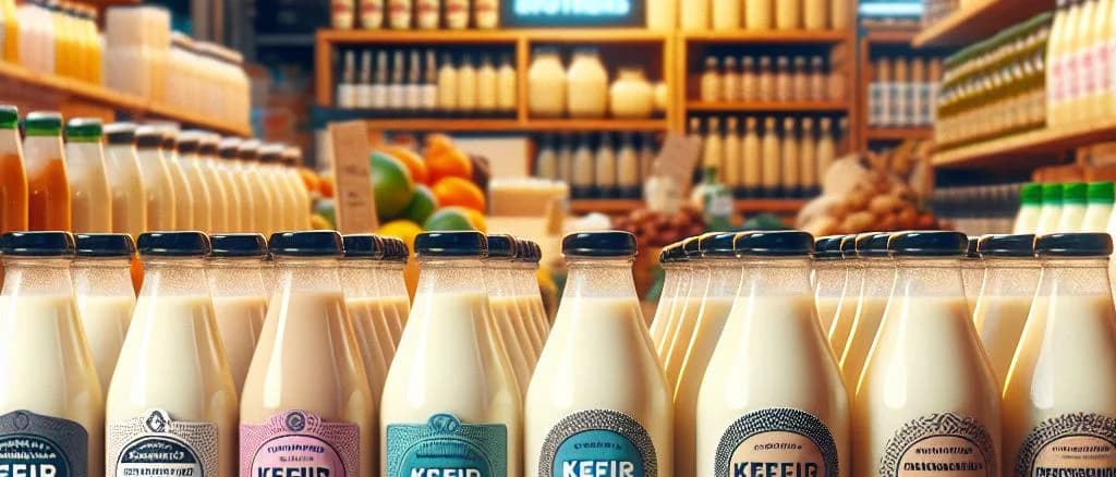 Assortment of kefir bottles in varying packaging on wooden shelves