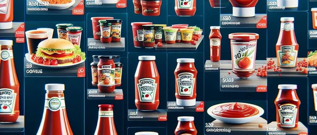 Assorted ketchup bottles with custom labels in a commercial kitchen setting