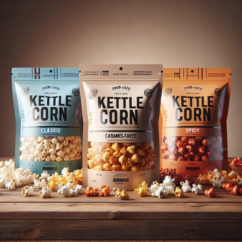assorted kettle corn bags in different flavors with vibrant packaging on a rustic wooden table
