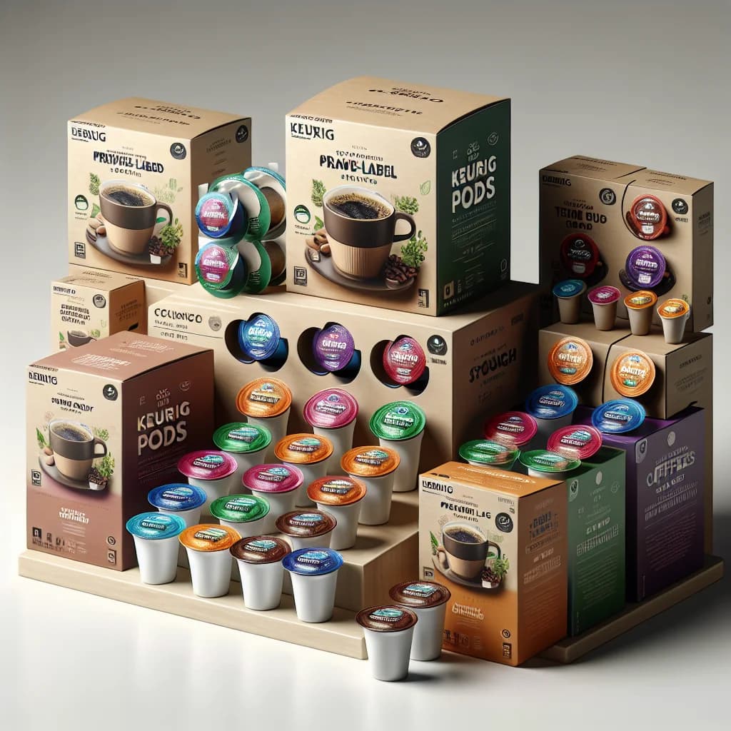 assorted Keurig Pods in organized packaging on a minimalistic background showcasing different flavors and wholesale options