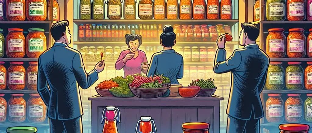 Various kimchi products in different packaging on wooden display