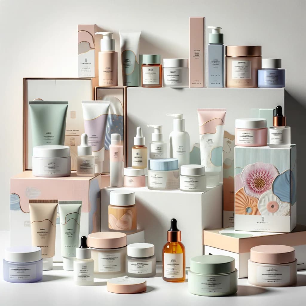 colorful packaging of Korean beauty skincare products, including creams, serums, and sheet masks, on a clean white background