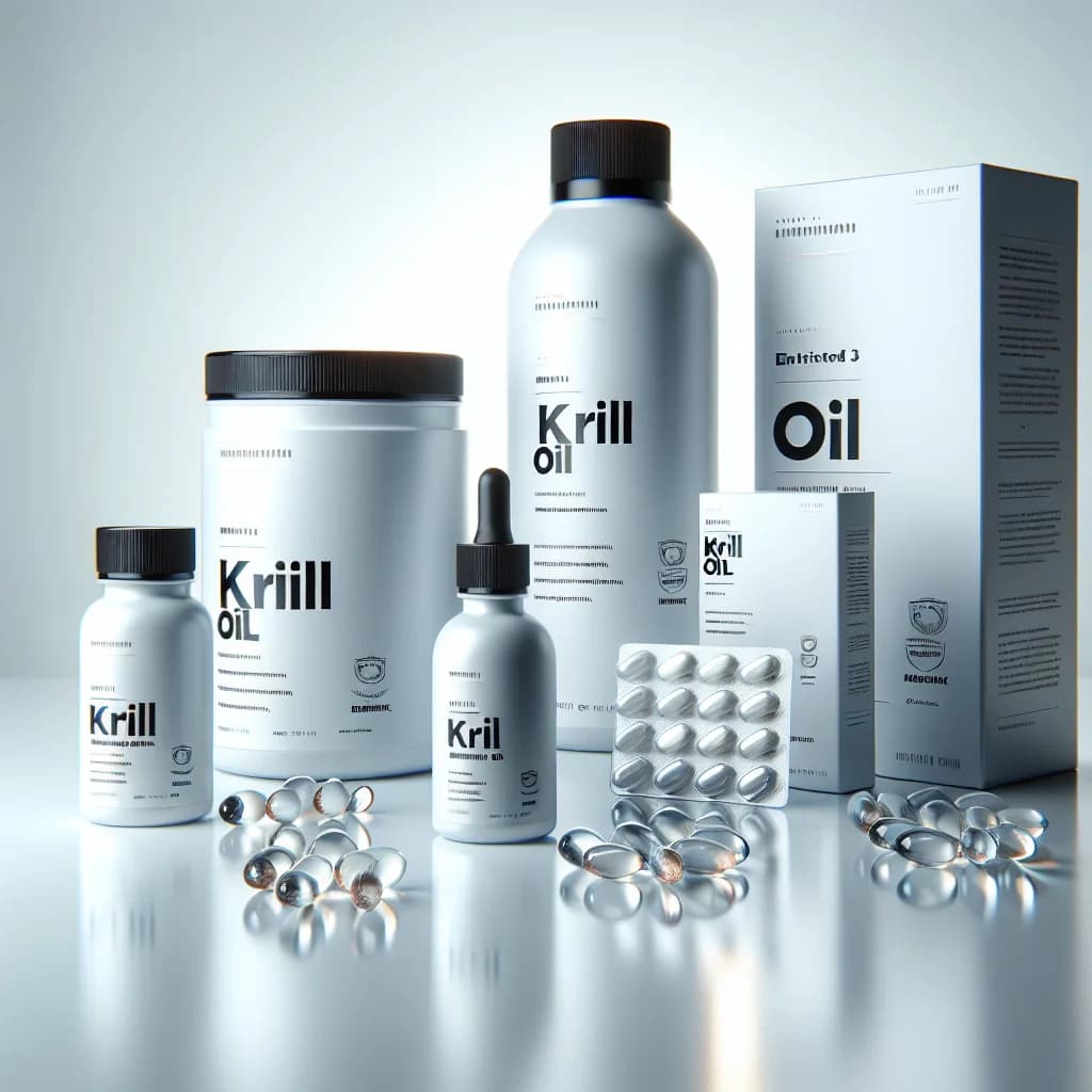 krill oil variations with premium packaging on clean background