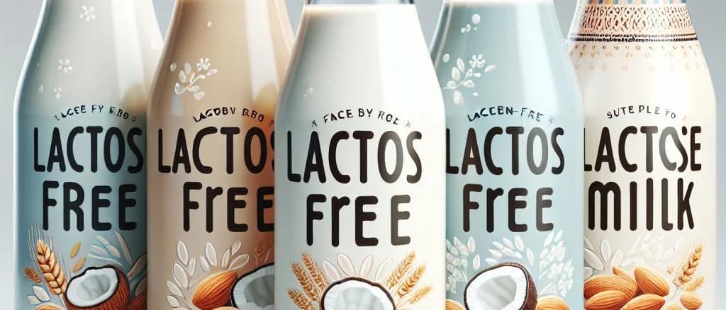Lactose-free dairy alternatives in various packaging on a neutral background