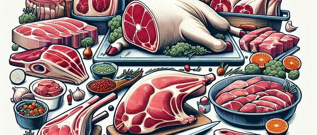 premium lamb meat cuts on rustic wooden background with various packaging styles