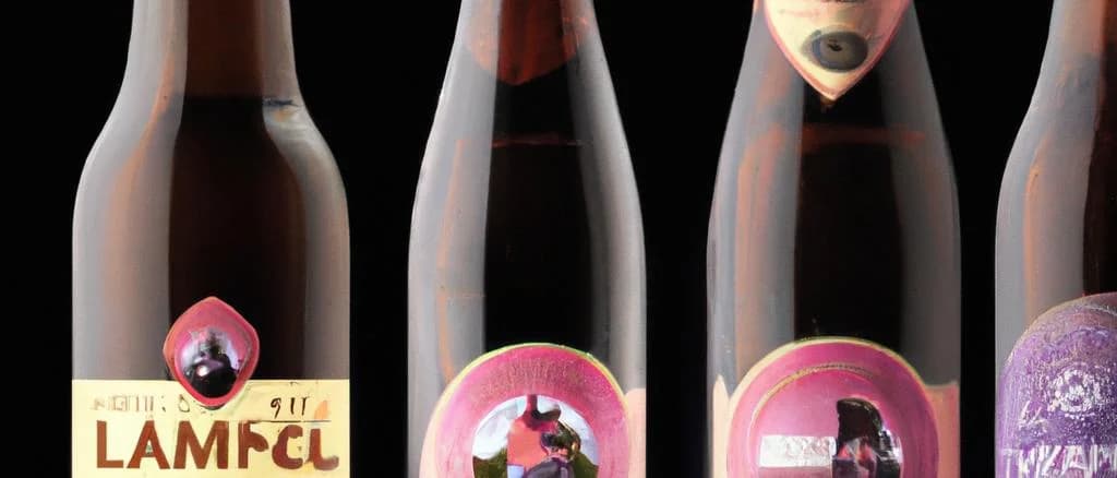 various bottles of Lambic beer with rustic labels and wooden barrel background