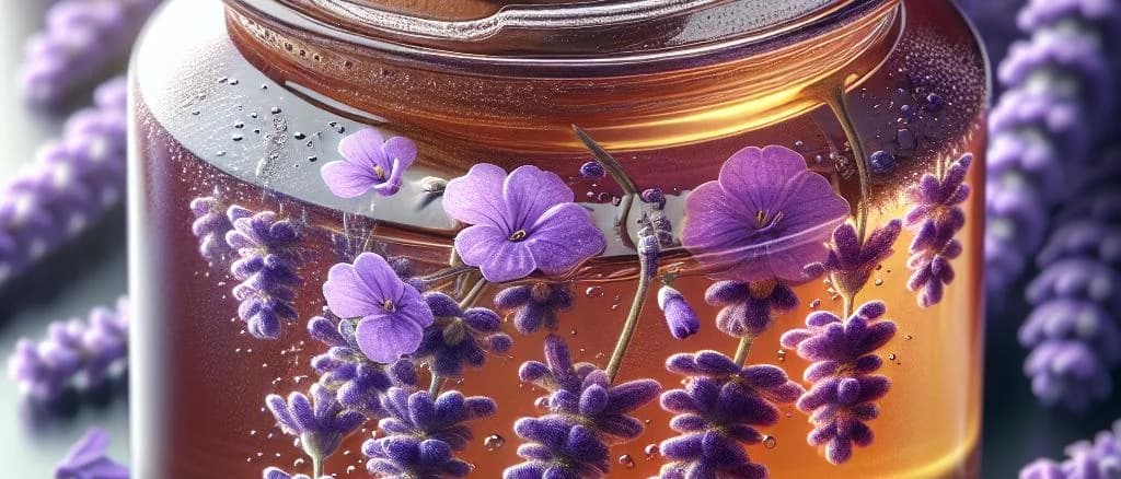 Various types of lavender honey in glass jars and bottles with floral accents