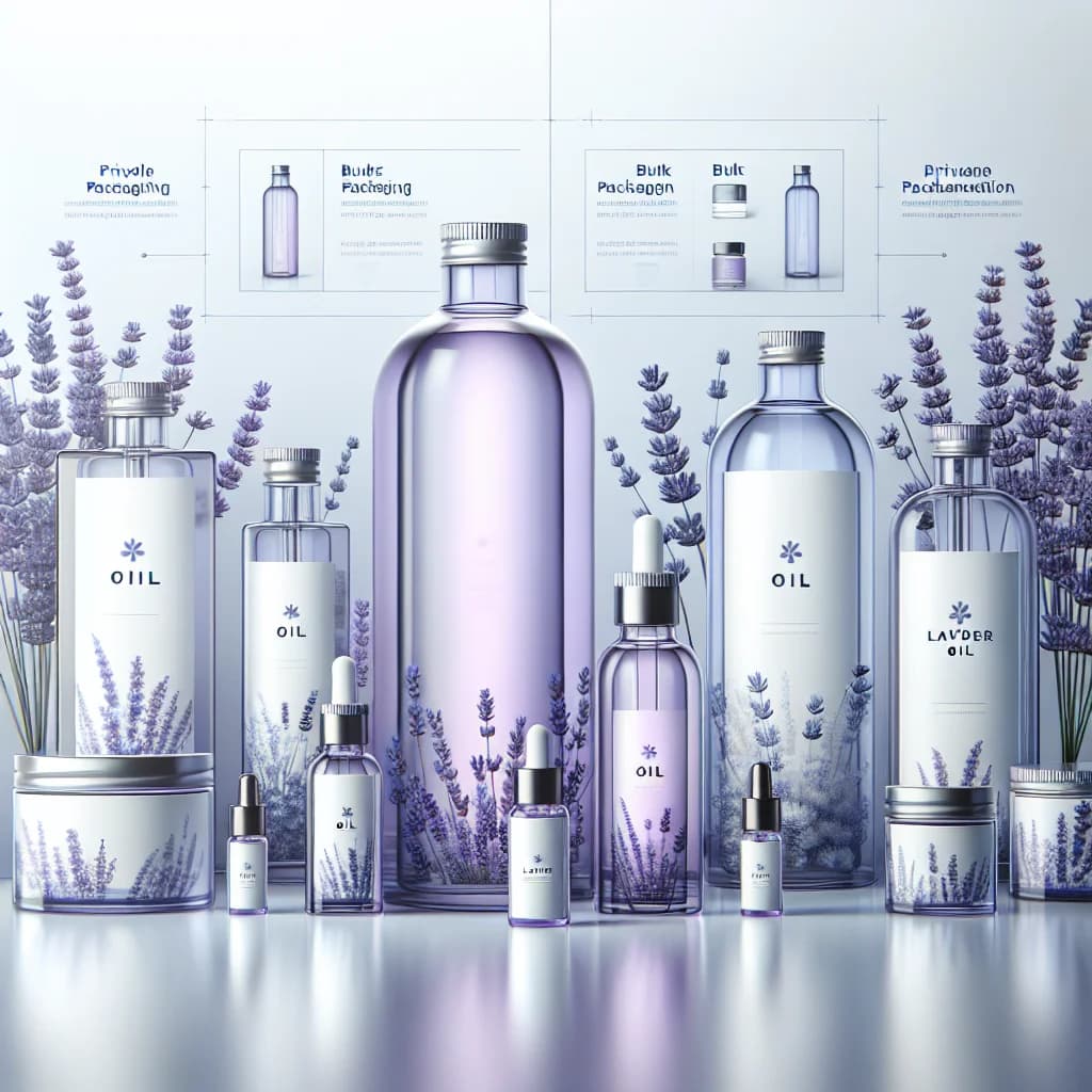 Premium lavender oil bottles with elegant packaging for wholesale and private label in a modern, minimalist background
