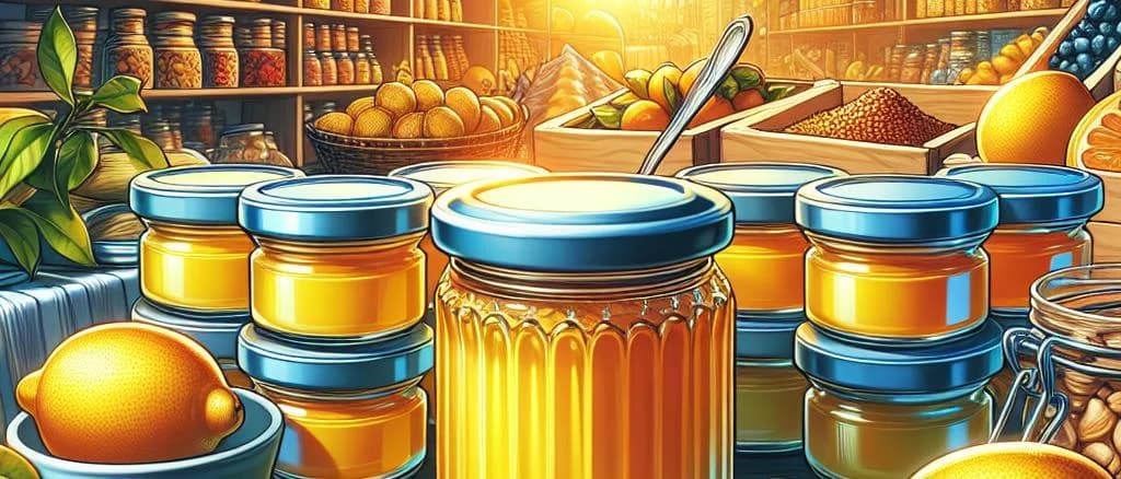 lemon curd jars with vibrant packaging on a rustic kitchen table