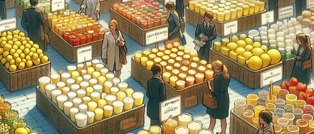 Vibrant lemon jellies in assorted packaging on a colorful background