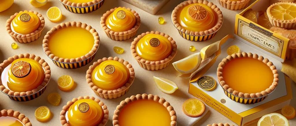 assorted lemon tarts on a rustic wooden table with various packaging options