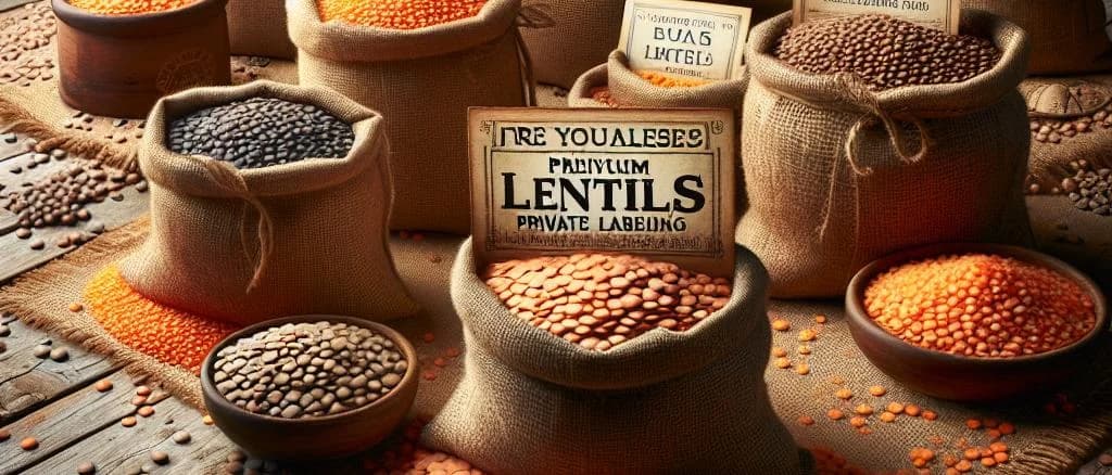 variety of lentils in different packaging on a rustic wooden background