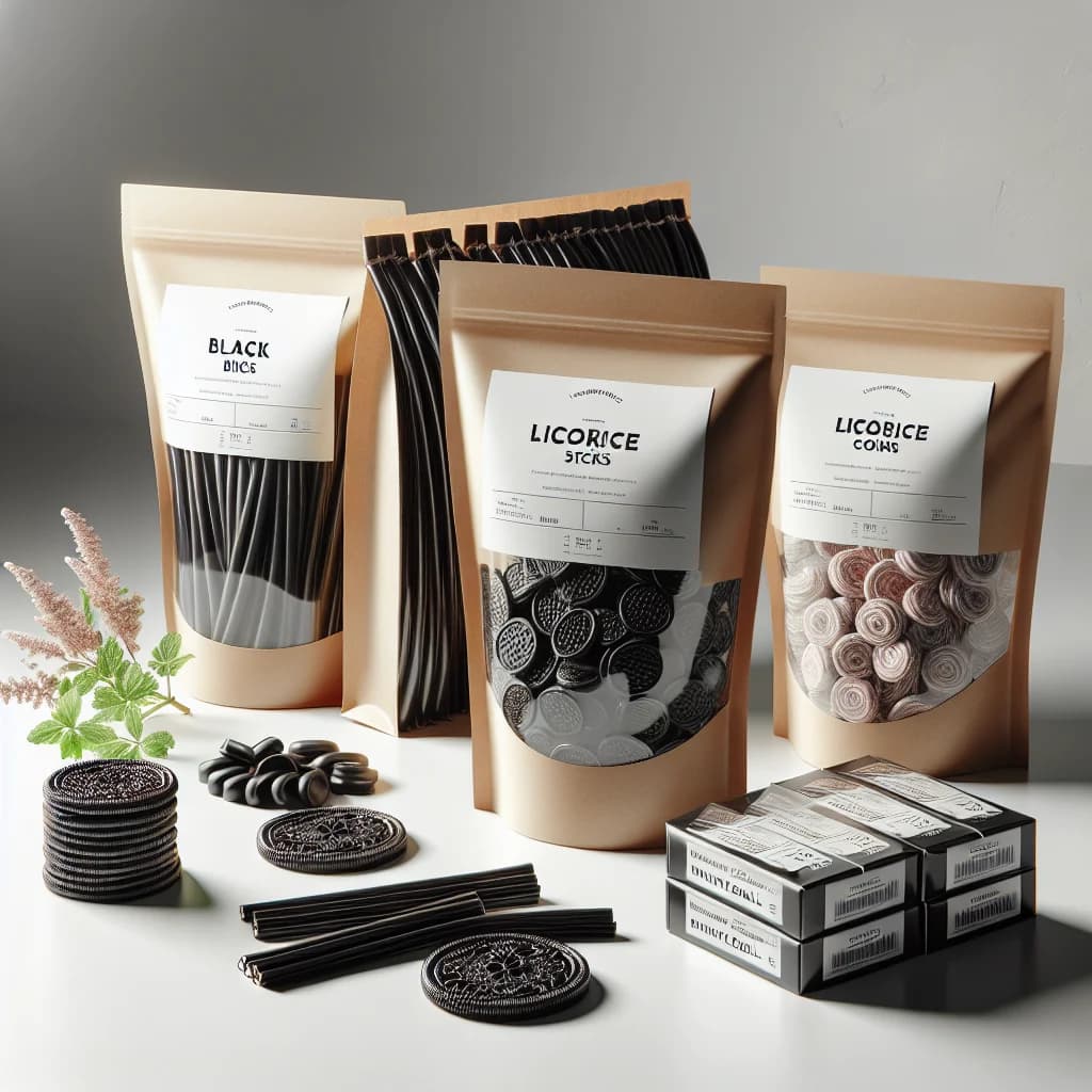 licorice product variations in bulk and private label packaging