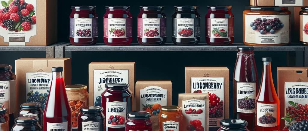 lingonberries in assorted packaging on a wooden table.