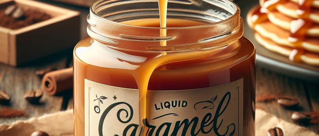 Assorted liquid caramel variations with diverse packaging on a neutral background