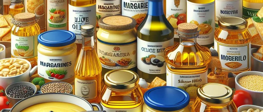 Various bottles of liquid margarine displayed on a wooden table with different packaging and vibrant backgrounds