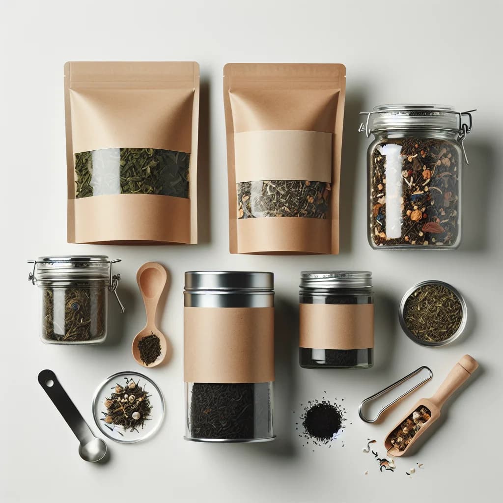 varieties of loose leaf tea in premium packaging on a clean and minimalist background