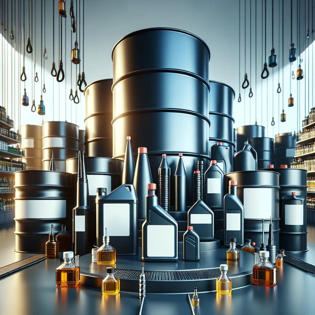 premium lubricant oil bottles on a clean industrial background in bulk packaging